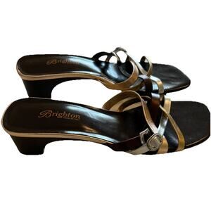 Brighton Angie Slides 9.5 N Gold Silver Leather Straps Kitten Heels Sandals EUC